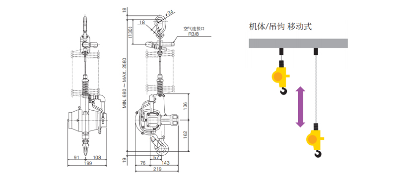 EHW型远藤气动葫芦尺寸图