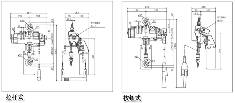 EHL-TW型远藤ENDO气动葫芦尺寸图